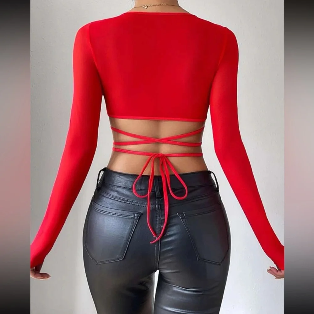 Boho lace crisscross tie back crop top